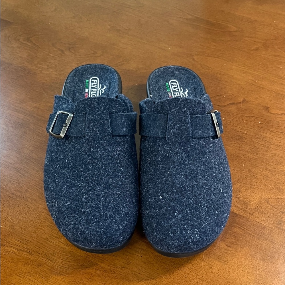 Fly Flot Blue Felt Wool Clogs with Buckle